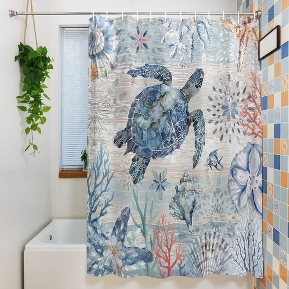 Shower Curtain, Retro Sea Turtle Gradient Coral Waterproof Polyester Fabric Bath Curtain with Hooks for Bathroom Bathtub Stalls, Summer Ocean Shell 72x72IN