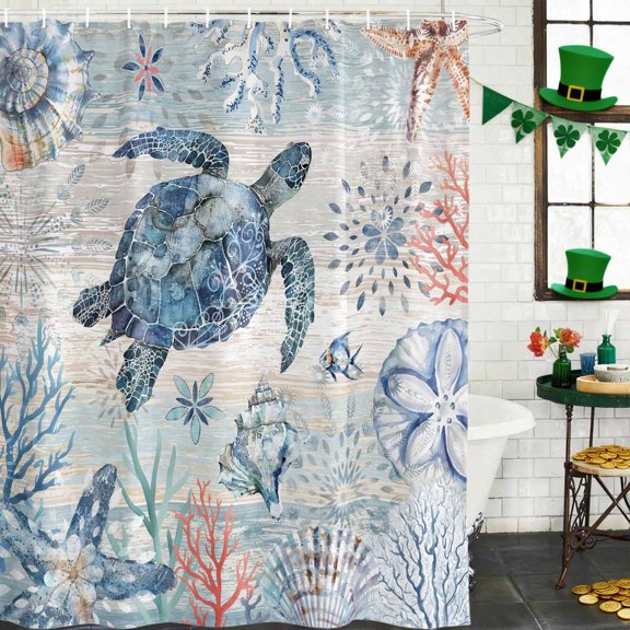 Shower Curtain, Retro Sea Turtle Gradient Coral Waterproof Shower Curtain Set with Hooks for Bathroom Showers,Stalls and Bathtubs,60x72In Summer Ocean Shell