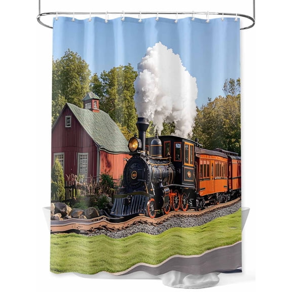 Shower Curtain, Retro Train Motor Vehicle Building Sky Grass Country Scenery Washable Shower Curtain with Hooks Bath Decor Fabric Shower Curtains for Bathroom, Hotel, Stalls, Bathtubs, 72x72 Inch