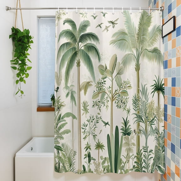 Shower Curtain, Retro Tropical Forest Scene Waterproof Polyester Fabric Bath Curtain with Hooks for Bathroom Bathtub Stalls, Green Coconut Tree Bird 36x72IN