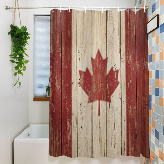 Shower Curtain, Retro Wooden Stripes Maple Leafs Waterproof Polyester Fabric Bath Curtain with Hooks for Bathroom Bathtub Stalls, Country Red Brown Plank 36x72IN