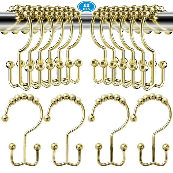 Shower Curtain Rings Hooks, 12pk Easy Glide Metal Rollerball Double Shower Hook for Bathroom Shower Rods Curtains, Plated Gold Finish