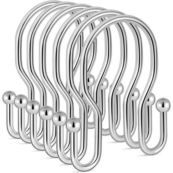 Shower Curtain Rings - Set of 12 - Decorative chrome Finish - Easy Glide Rollers - Rustproof Stainless Steel - Shower Curtain Hooks