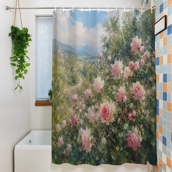 Shower Curtain, Romantic Pink Rose Waterproof Polyester Fabric Bath Curtain with Hooks for Bathroom Bathtub Stalls, Retro Country Lush Meadow 72x84IN
