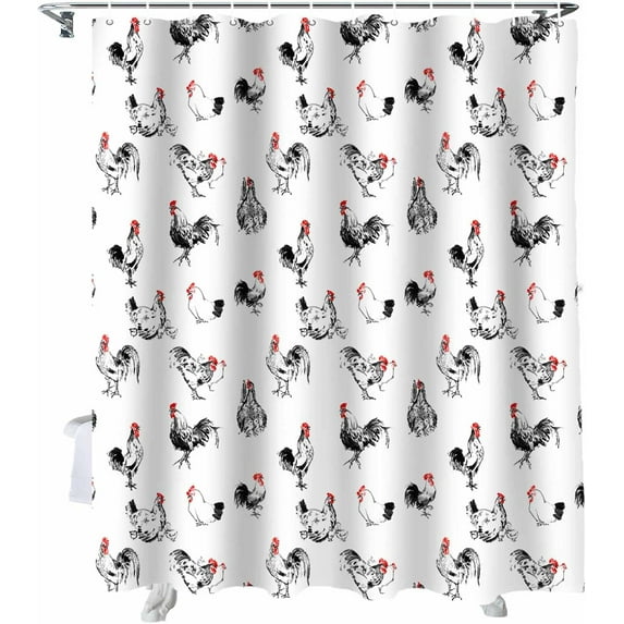 Shower Curtain Rooster Hen Shower Curtains for Bathroom Decor Farm Animal Black Red Shower Curtain Sets with Hooks Waterproof Fabric Bath Curtain Extra Long 72" X 84"