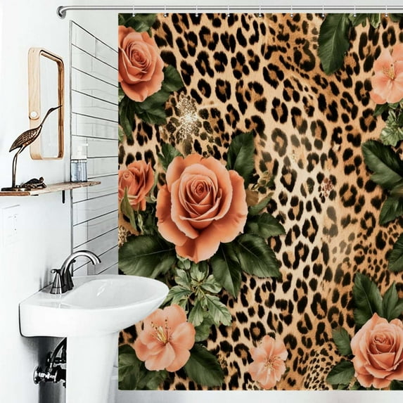 Shower Curtain Roses Leopard Print Floral Bath Curtain Polyester Fabric Bathroom Ration With Hooks