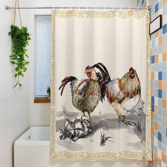 Shower Curtain, Rural Ink Art Farm Chicken Animals Waterproof Polyester Fabric Bath Curtain with Hooks for Bathroom Bathtub Stalls, Golden Flowers Texture Border 36x72IN