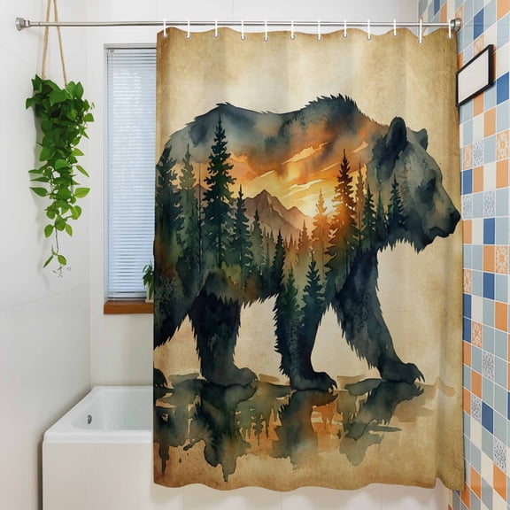 Shower Curtain, Rustic Bear Forest Landscape Waterproof Polyester Fabric Bath Curtain with Hooks for Bathroom Bathtub Stalls, Vintage Abstract Art 72x72IN