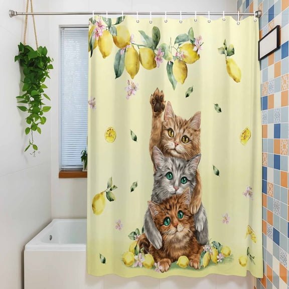 Shower Curtain, Rustic Cat Yellow Lemon Waterproof Polyester Fabric Bath Curtain with Hooks for Bathroom Bathtub Stalls, Farmhouse Animal Fruit Plant 36x72IN