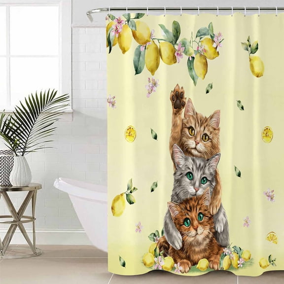 Shower Curtain Rustic Cat Yellow Lemon Waterproof Shower Curtain Set with Hooks for Bathroom Showers,Stalls and Bathtubs,48x72In Farmhouse Animal Fruit Plant