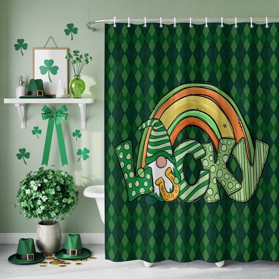 Shower Curtain, Rustic Gnome Rainbow Diamond Waterproof Shower Curtain Set with Hooks for Bathroom Showers,Stalls and Bathtubs,66x72In St. Patrick's Day Lucky Text