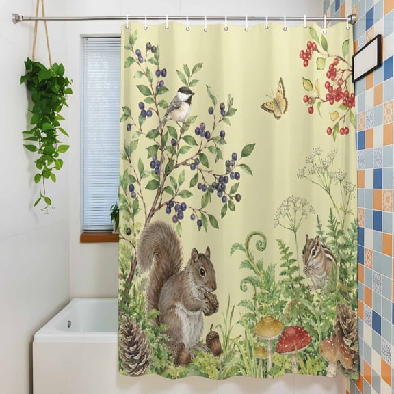 Shower Curtain, Rustic Wild Squirrel Berry Ferns Waterproof Polyester Fabric Bath Curtain with Hooks for Bathroom Bathtub Stalls, Wildlife on Pale Yellow 36x72IN
