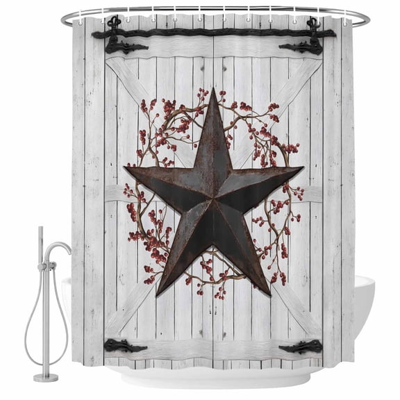 Shower Curtain Rusty Barn Star Berry Bathroom Curtains with Hooks, Waterproof Fabric Rustic Farmhouse Door Wall Bath Shower Curtains Set for Bathroom Bathtubs Decor 36x72 Inch
