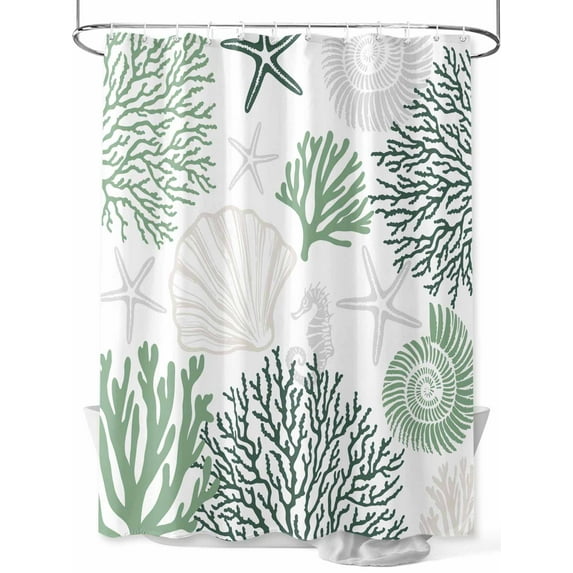 Shower Curtain, Sage Green Coral Starfish Seashell Ocean Beach Washable Shower Curtain with Hooks Bath Decor Fabric Shower Curtains for Bathroom, Hotel, Stalls, Bathtubs, 72x78 Inch