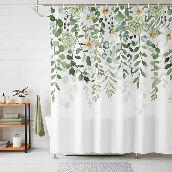 Shower Curtain Sage Green Leaves Shower Curtains for Bathroom Decor, Waterproof Polyester Shower Curtain Set with Hooks, Small Stall Size 36" x 72" Daisy Plant