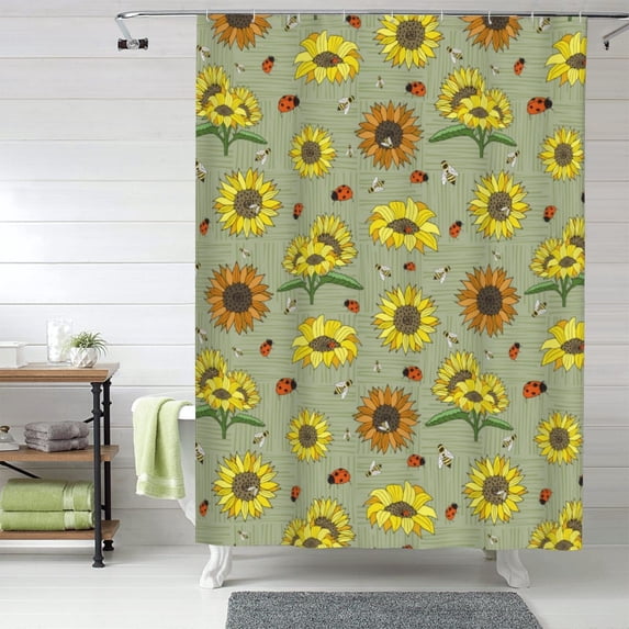 Shower Curtain, Sage Green With Sunflowers Waterproof Fabric Plastic Shower Curtain, Drying Fast Bathroom Curtain with 9 Buttonholes, Ruffle Shower Curtain 60x72in