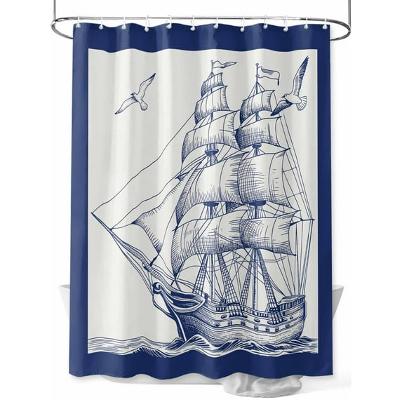 Shower Curtain Sailing Boat Seagull Bathroom Curtains with Hooks, Waterproof Fabric Blue Ocean Navigation Bath Shower Curtains Set for Bathroom Bathtubs Decor 72x72 Inch
