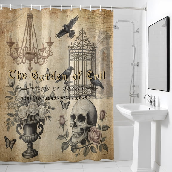Shower Curtain, Scary Halloween Skull Crow Rose Waterproof Shower Curtain Set with Hooks for Bathroom Showers,Stalls and Bathtubs,36x72in, Garden of Evil Retro Brown