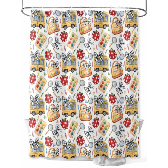 Shower Curtain School Bus Campus Bathroom Curtains with Hooks, Waterproof Fabric Bow Bag Magnifier Building Blocks Bath Shower Curtains Set for Bathroom Bathtubs Decor 72x72 Inch