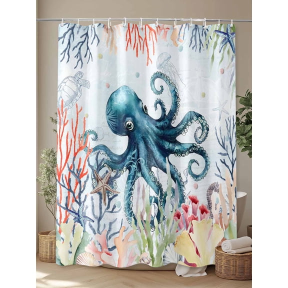 Shower Curtain, Sea Octopus Coral Seaweed Waterproof Shower Curtain Set with Hooks for Bathroom Showers,Stalls and Bathtubs,72x72In Monster Blue Ocean
