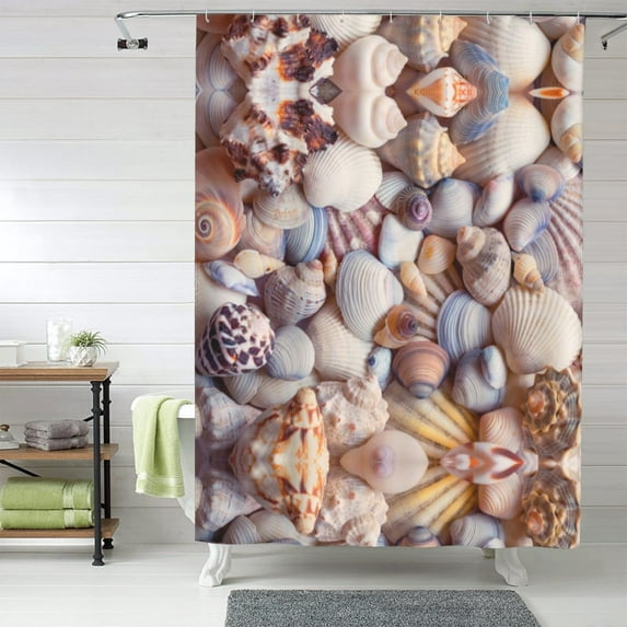 Shower Curtain, Sea Shells Waterproof Fabric Plastic Shower Curtain, Drying Fast Bathroom Curtain with 9 Buttonholes, Ruffle Shower Curtain 60x72in