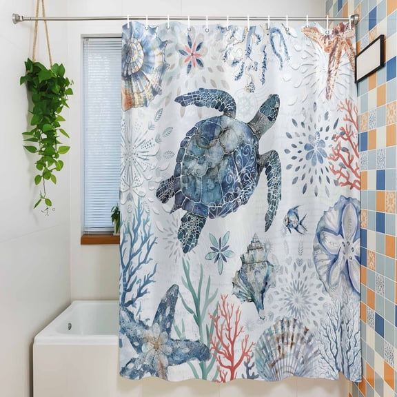 Shower Curtain, Sea Turtle Blue Ocean Shell Starfish Waterproof Polyester Fabric Bath Curtain with Hooks for Bathroom Bathtub Stalls, Coral Marine Life 36x72IN