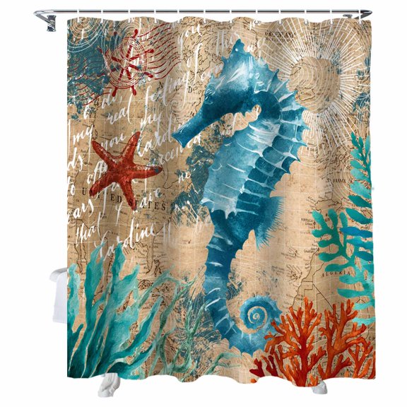 Shower Curtain Seahorse Shower Curtains for Bathroom Bathtub, Waterproof Fabric Shower Curtain Set with Hooks, Small Stall Size 36" x 72" Nautical Anchor Coral Vintage Marine Life