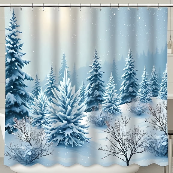 Shower Curtain - Serene Snowy Forest Scene with Frosted Pine Trees - Soft Blue & Grey-Brown Accents - Perfect for Bathroom Decor