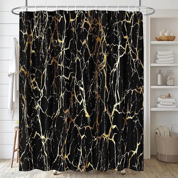 Shower Curtain Set With 12 Hooks, Black And Gold Marble Texture, Bathing Decor Natural Abstract Slate Stone Ceramic Waterproof Polyester Bath Curtain For Bathroom 36"W x 72"L