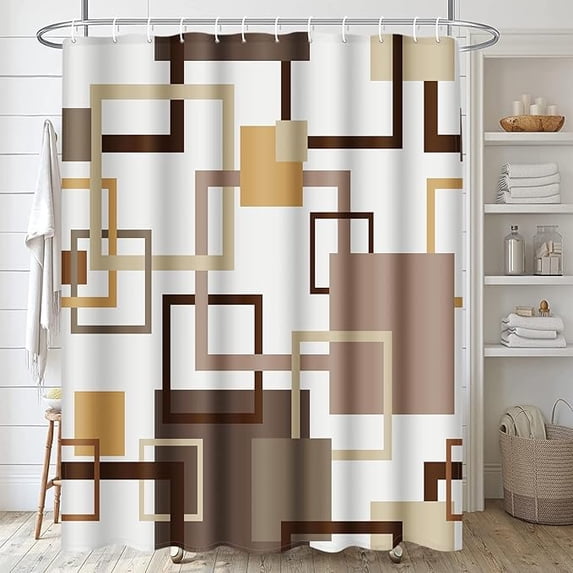 Shower Curtain Set With 12 Hooks, Brown Geometric Modern Simple Line, Bathing Decor Minimalist Abstract Square Plaid Checkered Waterproof Polyester Bath Curtain For Bathroom 72"W x 96"L