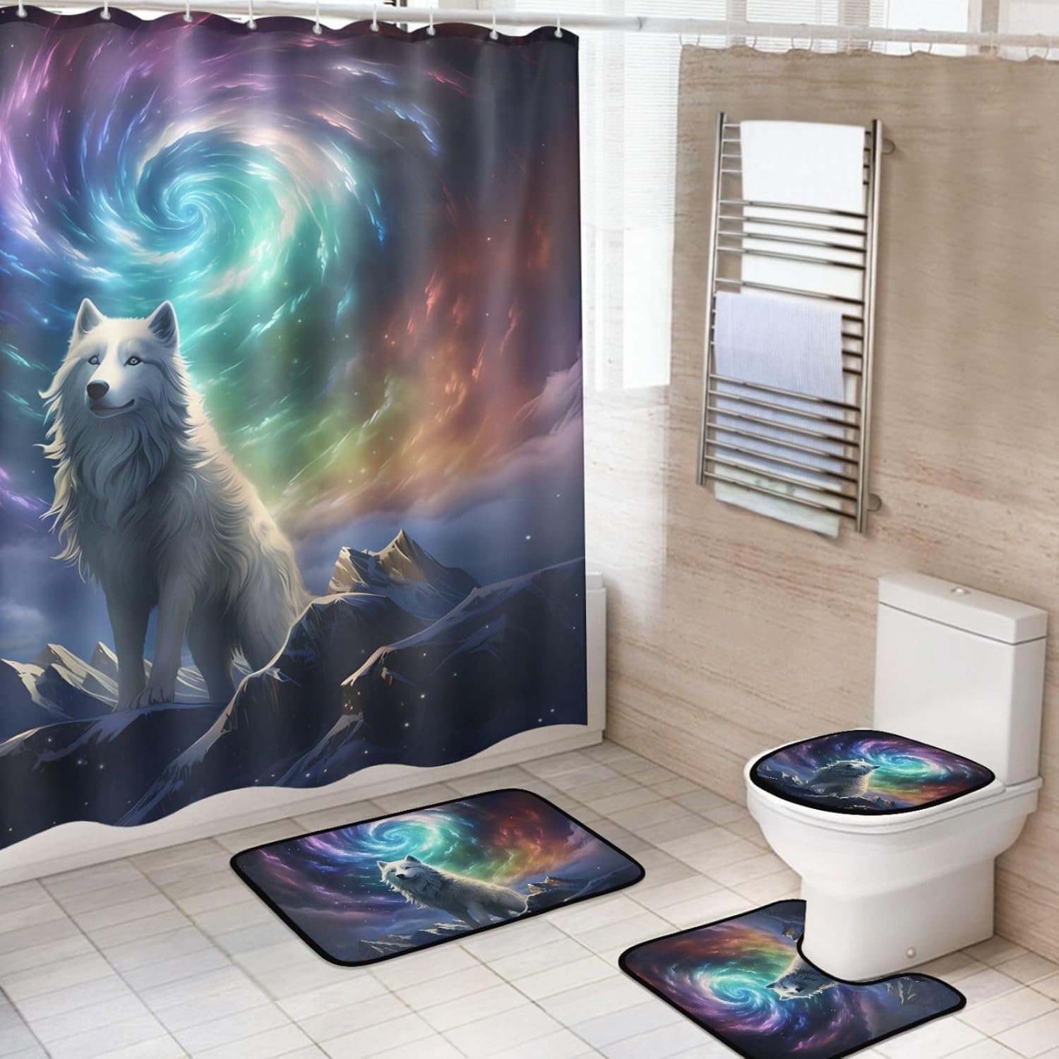 TOWINSFB Winter Wolf Shower Curtain Set - Snowy Mountain Forest Bathroom Decor With Rugs, Mat, Toilet Lid Cover