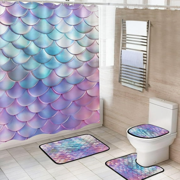 Shower Curtain Set 4 Piece for Bathroom Decoration, Circle Color Bathroom Sets with 1 Fabric Shower Curtain and 3 Non-Slip Bathroom Rugs Accessories with Hooks