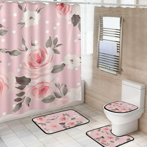 Shower Curtain Set 4 Piece for Bathroom Decoration, Flower Rose Bathroom Sets with 1 Fabric Shower Curtain and 3 Non-Slip Bathroom Rugs Accessories with Hooks