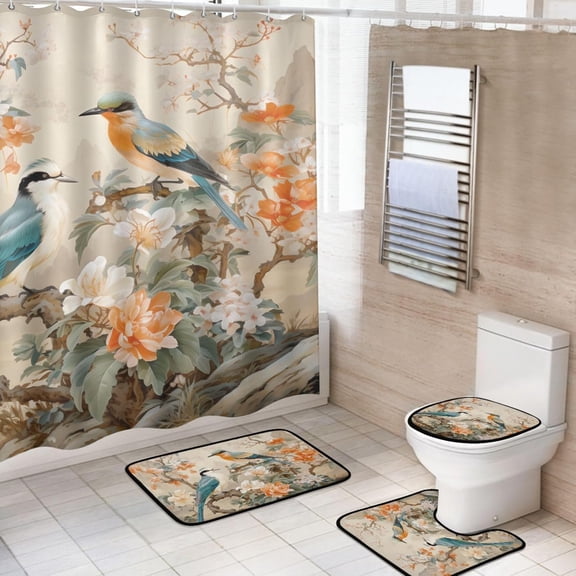 Shower Curtain Set 4 Piece for Bathroom Decoration, Flowers and Birds Bathroom Sets with 1 Fabric Shower Curtain and 3 Non-Slip Bathroom Rugs Accessories with Hooks