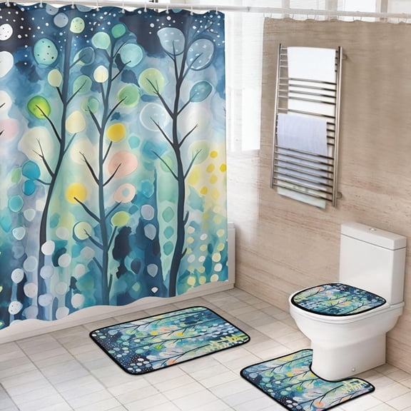 Shower Curtain Set 4 Piece for Bathroom Decoration, Forest Castle Rainbow Bathroom Sets with 1 Fabric Shower Curtain and 3 Non-Slip Bathroom Rugs Accessories with Hooks