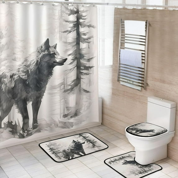 Shower Curtain Set 4 Piece for Bathroom Decoration, Tiger Bathroom Sets with 1 Fabric Shower Curtain and 3 Non-Slip Bathroom Rugs Accessories with Hooks