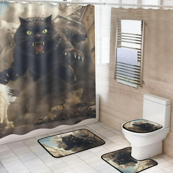 Shower Curtain Set 4 Piece for Bathroom Decoration, Cool Black Cat Bathroom Sets with 1 Fabric Shower Curtain and 3 Non-Slip Bathroom Rugs Accessories with Hooks