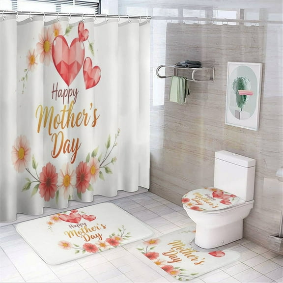 Shower Curtain Set 4 Piece include Shower Curtain and Rugs and Non Slip U Shaped Toilet Rugs Luxury Bathroom Decor Happy Mothers Day With Floral Vector