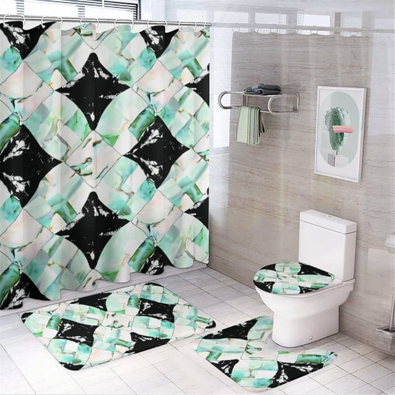 Shower Curtain Set 4 Piece include Shower Curtain and Rugs and Non Slip U Shaped Toilet Rugs Luxury Bathroom Decor Acid Blue