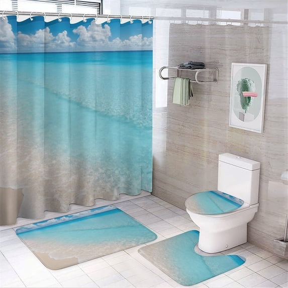 Shower Curtain Set 4 Piece include Shower Curtain and Rugs and Non Slip U Shaped Toilet Rugs Luxury Bathroom Decor Beautiful Beach