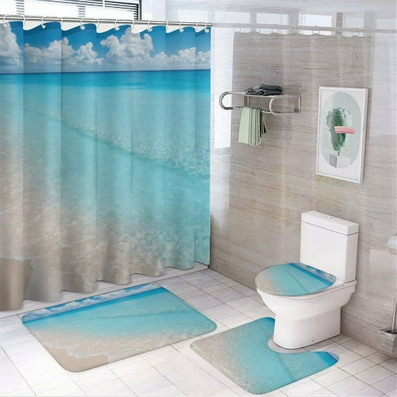 Shower Curtain Set 4 Piece include Shower Curtain and Rugs and Non Slip U Shaped Toilet Rugs Luxury Bathroom Decor Beautiful Beach
