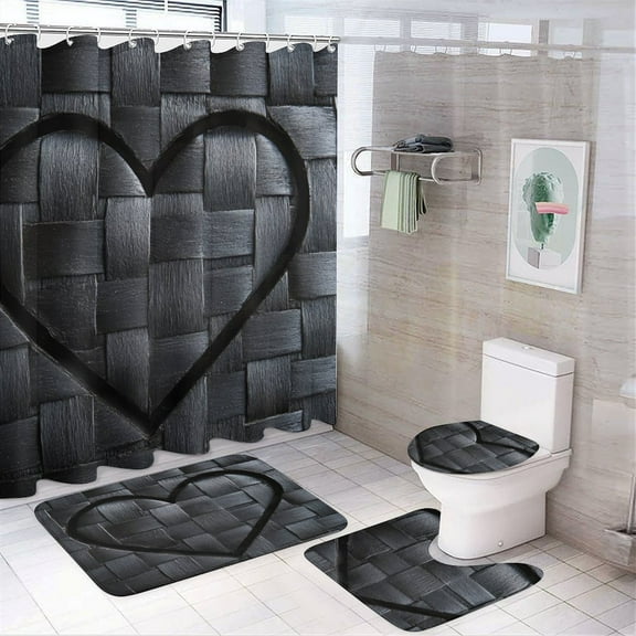Shower Curtain Set 4 Piece include Shower Curtain and Rugs and Non Slip U Shaped Toilet Rugs Luxury Bathroom Decor Black Heart Pattern