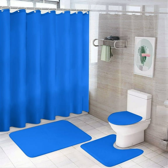 Shower Curtain Set 4 Piece include Shower Curtain and Rugs and Non Slip U Shaped Toilet Rugs Luxury Bathroom Decor Brandeis Blue