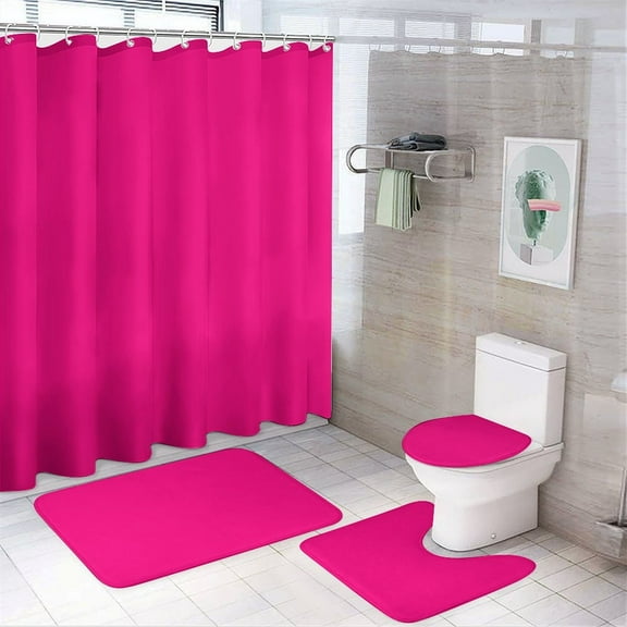 Shower Curtain Set 4 Piece include Shower Curtain and Rugs and Non Slip U Shaped Toilet Rugs Luxury Bathroom Decor Bright Pink