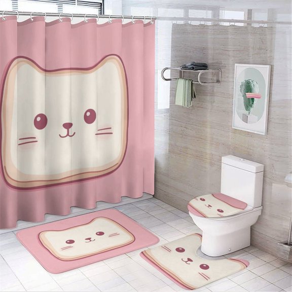 Shower Curtain Set 4 Piece include Shower Curtain and Rugs and Non Slip U Shaped Toilet Rugs Luxury Bathroom Decor Cat Bread Meme