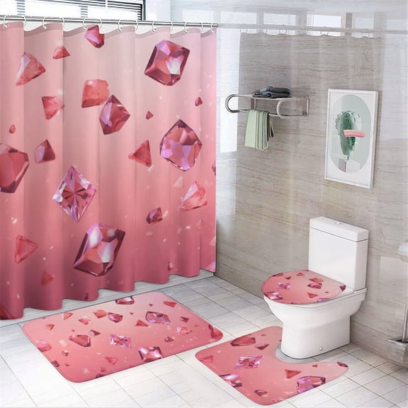 Shower Curtain Set 4 Piece include Shower Curtain and Rugs and Non Slip U Shaped Toilet Rugs Luxury Bathroom Decor Crystal Falling