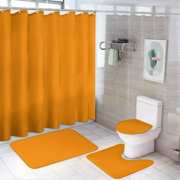 Shower Curtain Set 4 Piece include Shower Curtain and Rugs and Non Slip U Shaped Toilet Rugs Luxury Bathroom Decor Dark Orange