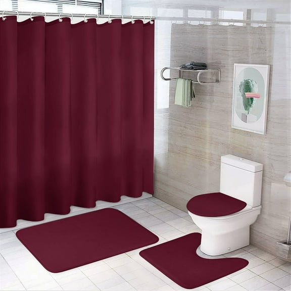 Shower Curtain Set 4 Piece include Shower Curtain and Rugs and Non Slip U Shaped Toilet Rugs Luxury Bathroom Decor Dark Scarlet RED