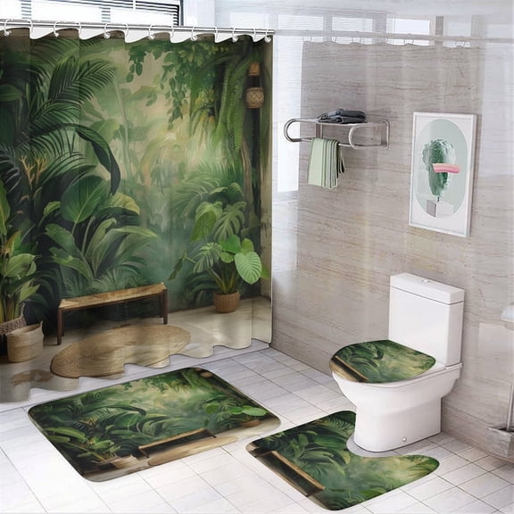 Shower Curtain Set 4 Piece include Shower Curtain and Rugs and Non Slip U Shaped Toilet Rugs Luxury Bathroom Decor Green Summer Jungle