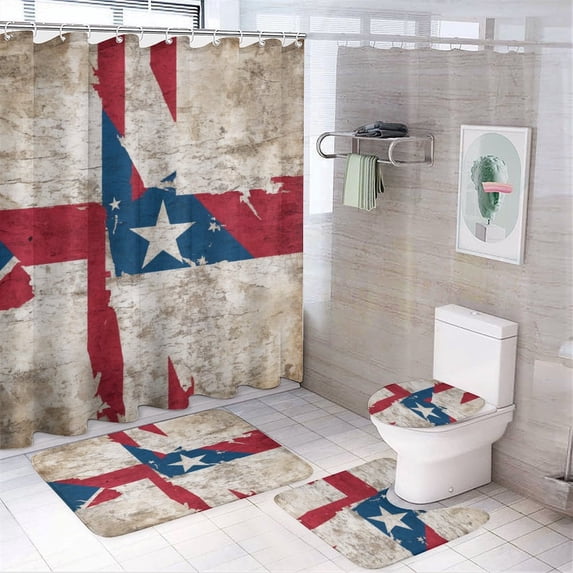 Shower Curtain Set 4 Piece include Shower Curtain and Rugs and Non Slip U Shaped Toilet Rugs Luxury Bathroom Decor Grunge Texture Flag